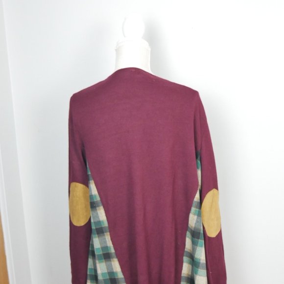 Entro Maroon with Green Plaid and Tan Elbow Patch Open Cardigan Medium - Picture 10 of 11
